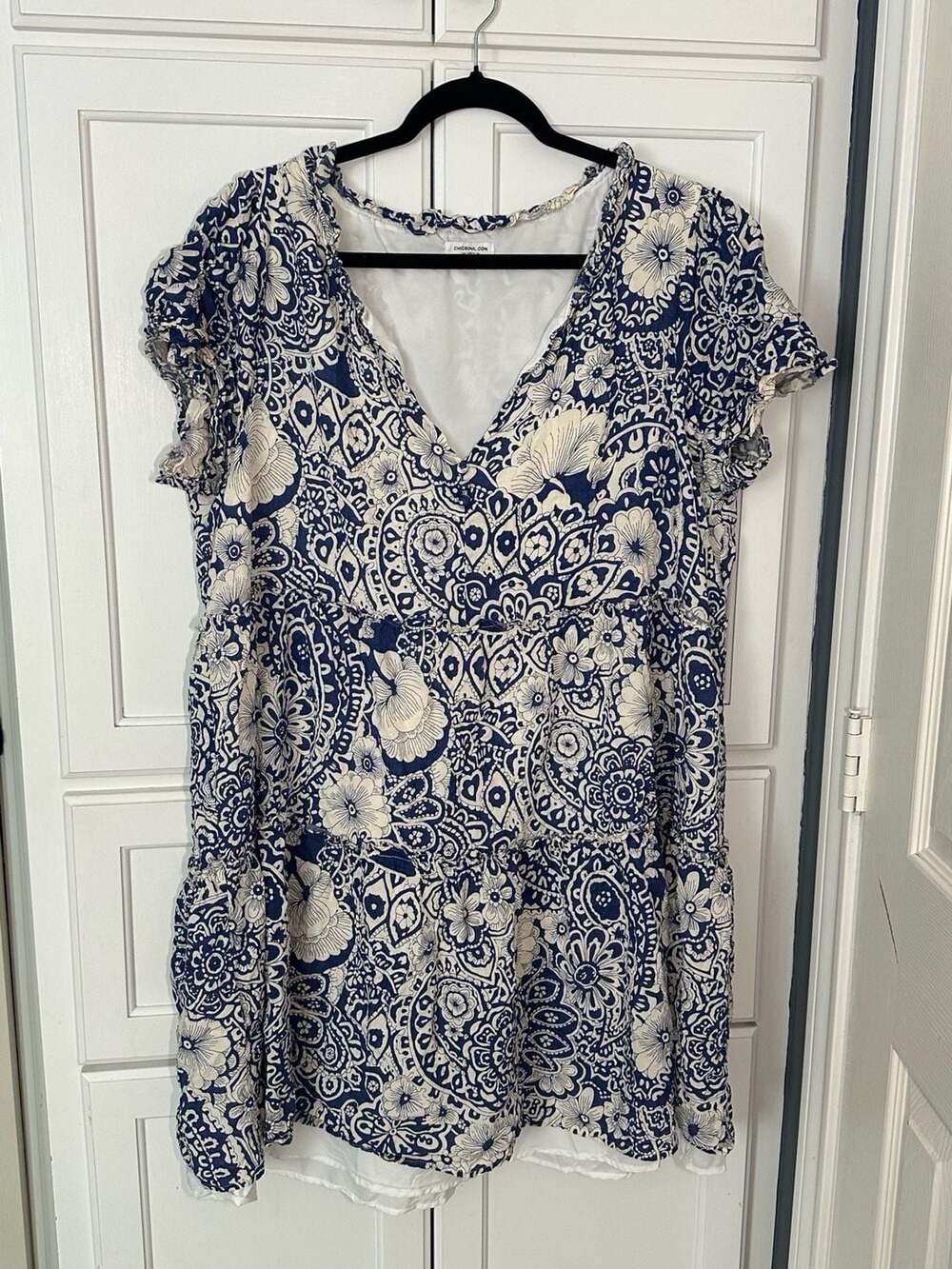 Chic Soul Enjoying My Space Navy Floral Paisley BOHO Tiered V-Neck Babydoll Dres